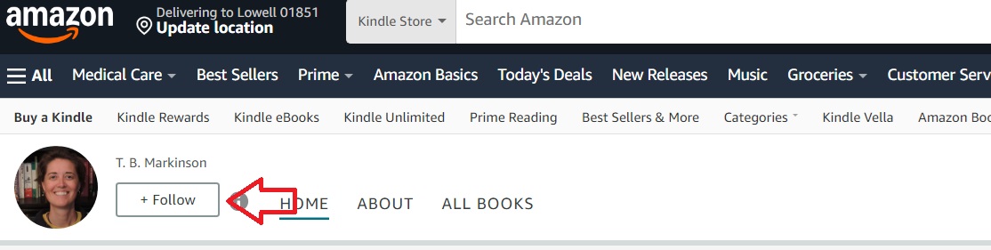 Where to find the follow button on author page graphic